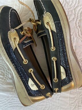 Women's Sperry Black and Gold Glitter Boat Shoes size 6